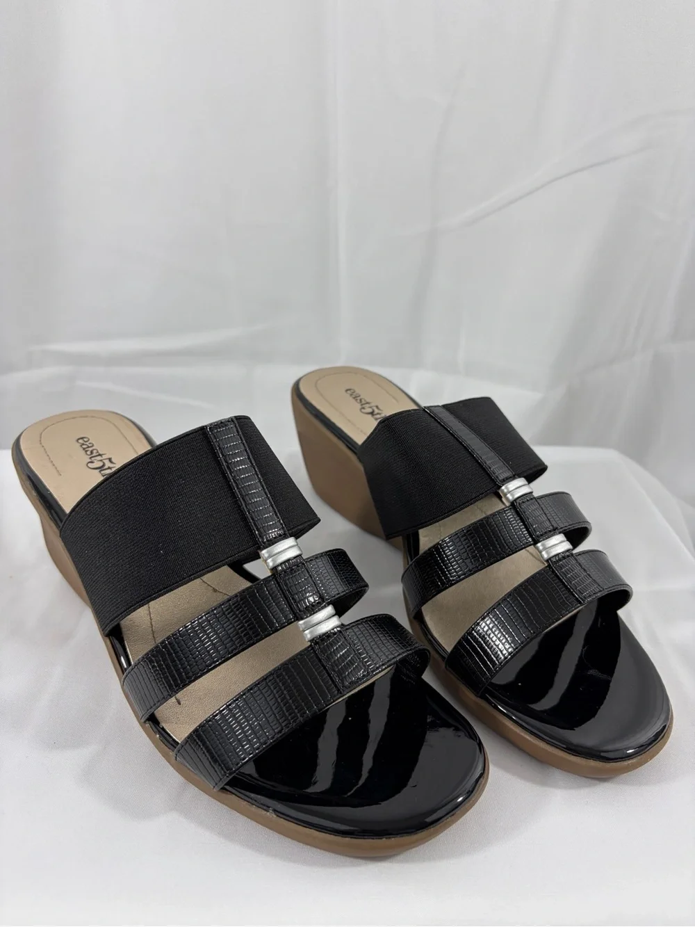 NWT East 5th Women's Size 7.5W Black Wedge Slide Sandals